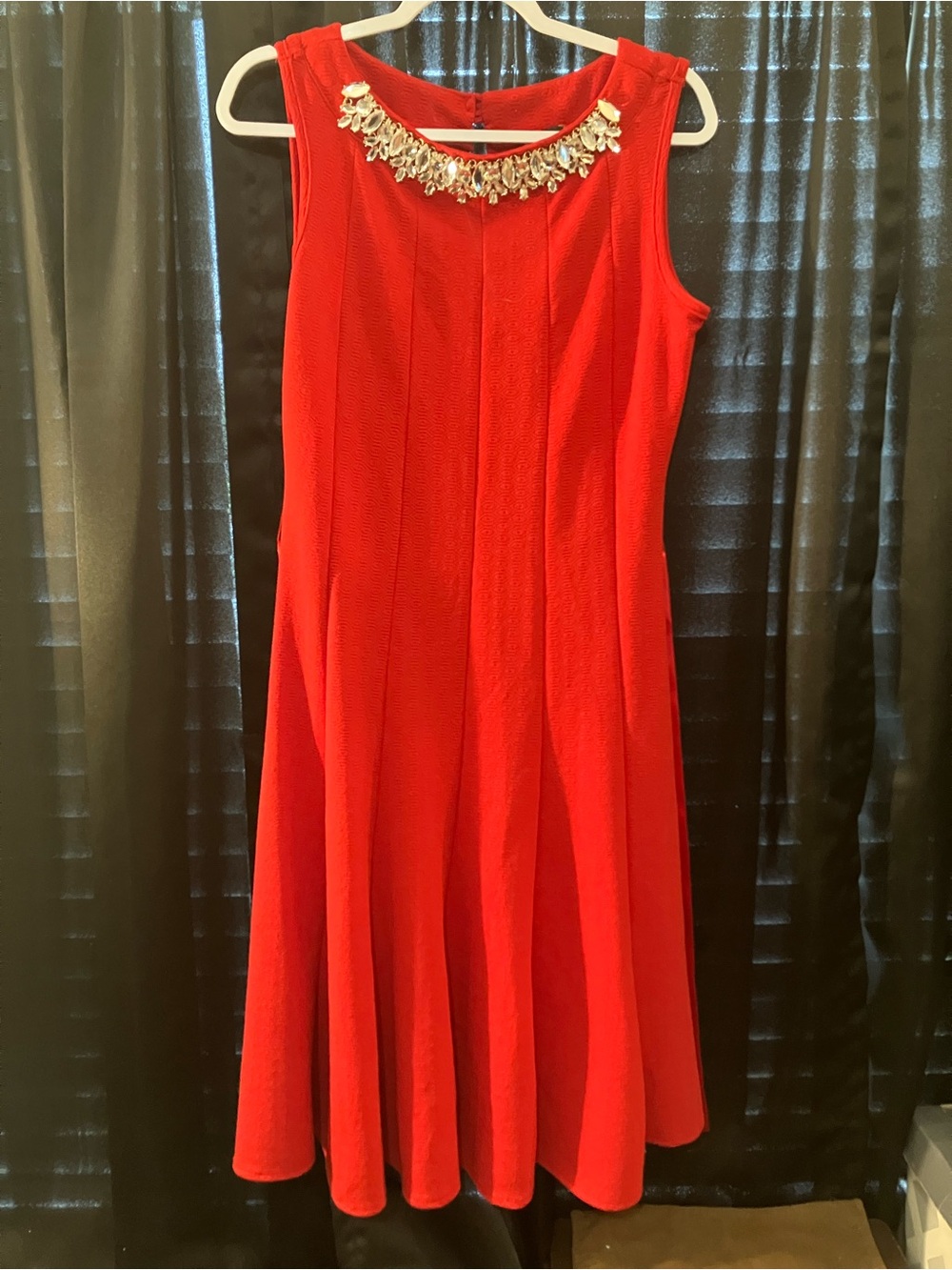 Haani Red Midi Dress with Jewel-Embellished Neckline